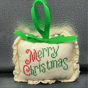 Vintage Fabric Pillow Christmas Ornament Embroidered Merry Xmas 3.75” Christmas
